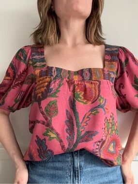 FARM Rio Woven Pink Floral Square-Neck Women’s Top